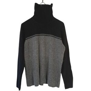 Women XL‎ Black Gray Two Tone Ribbed Turtleneck Sweater Lambswool Blend
